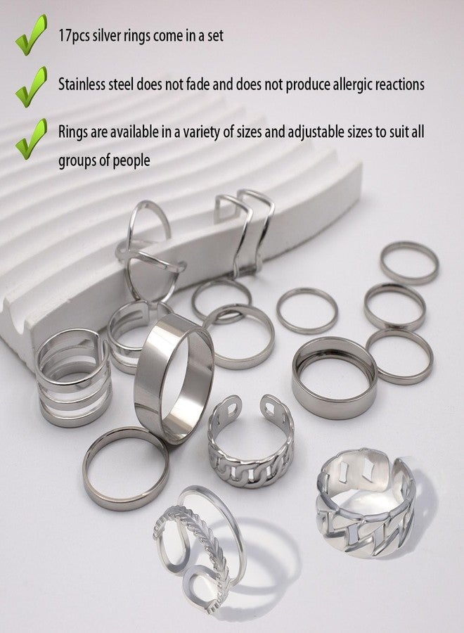 PINCHUAN 15/17 PCS Silver Knuckle Rings for Women Stainless Steel Rings Set Silver Stackable Rings Midi Ring Knuckle Rings Adjustable Knuckle Stackable Rings Midi Ring Set Silver Rings for Women Set, - Image 2